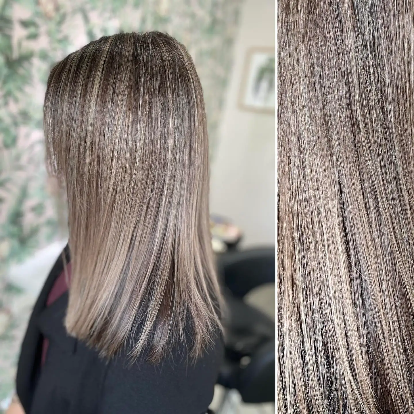Before-and-after of ash blonde balayage on sleek mid-length hair