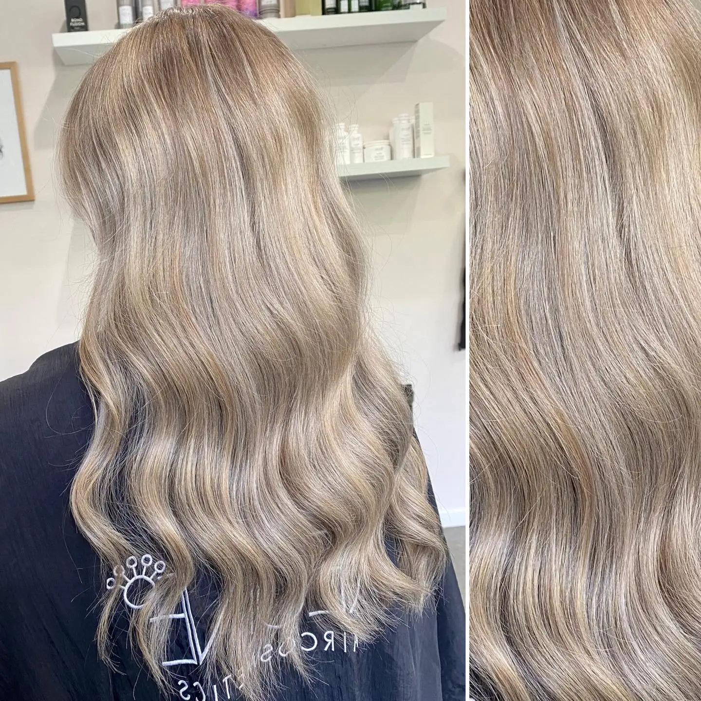 Before-and-after of long beige blonde balayage with soft waves