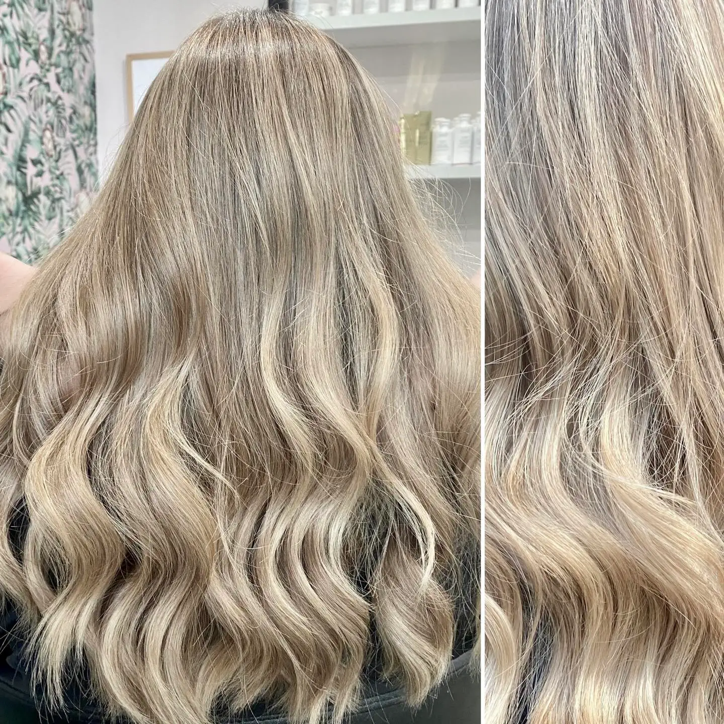 Before-and-after of refreshed blonde balayage on long waves
