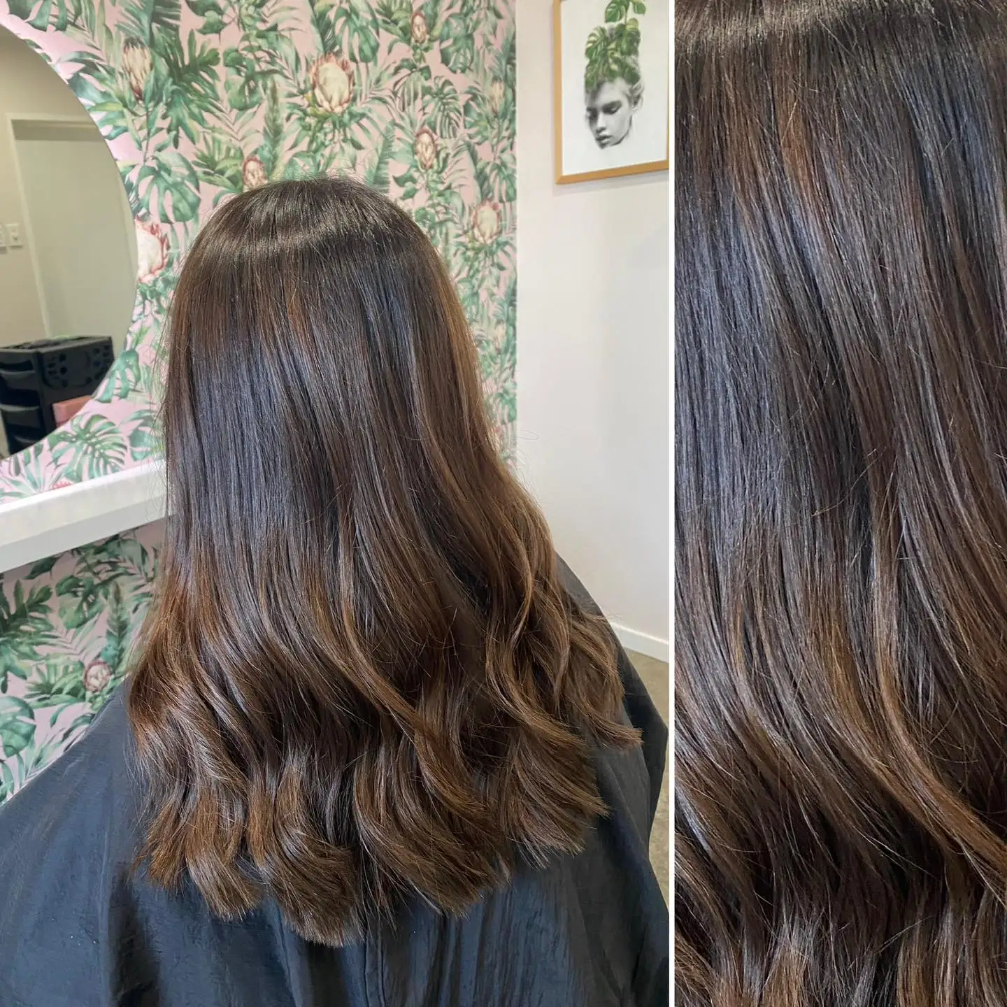 Before-and-after of glossy brunette balayage with warm caramel ends