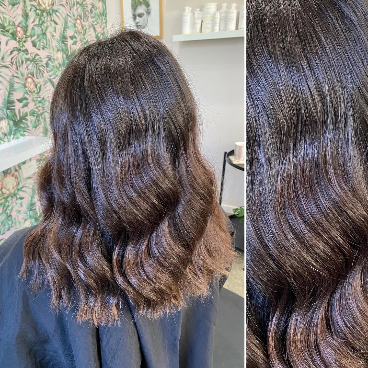 Before-and-after of brunette balayage with warm caramel ends