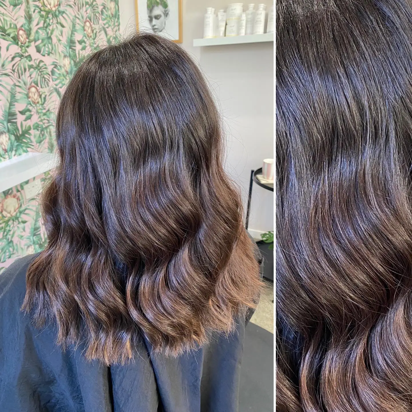 Before-and-after of brunette balayage with warm caramel ends