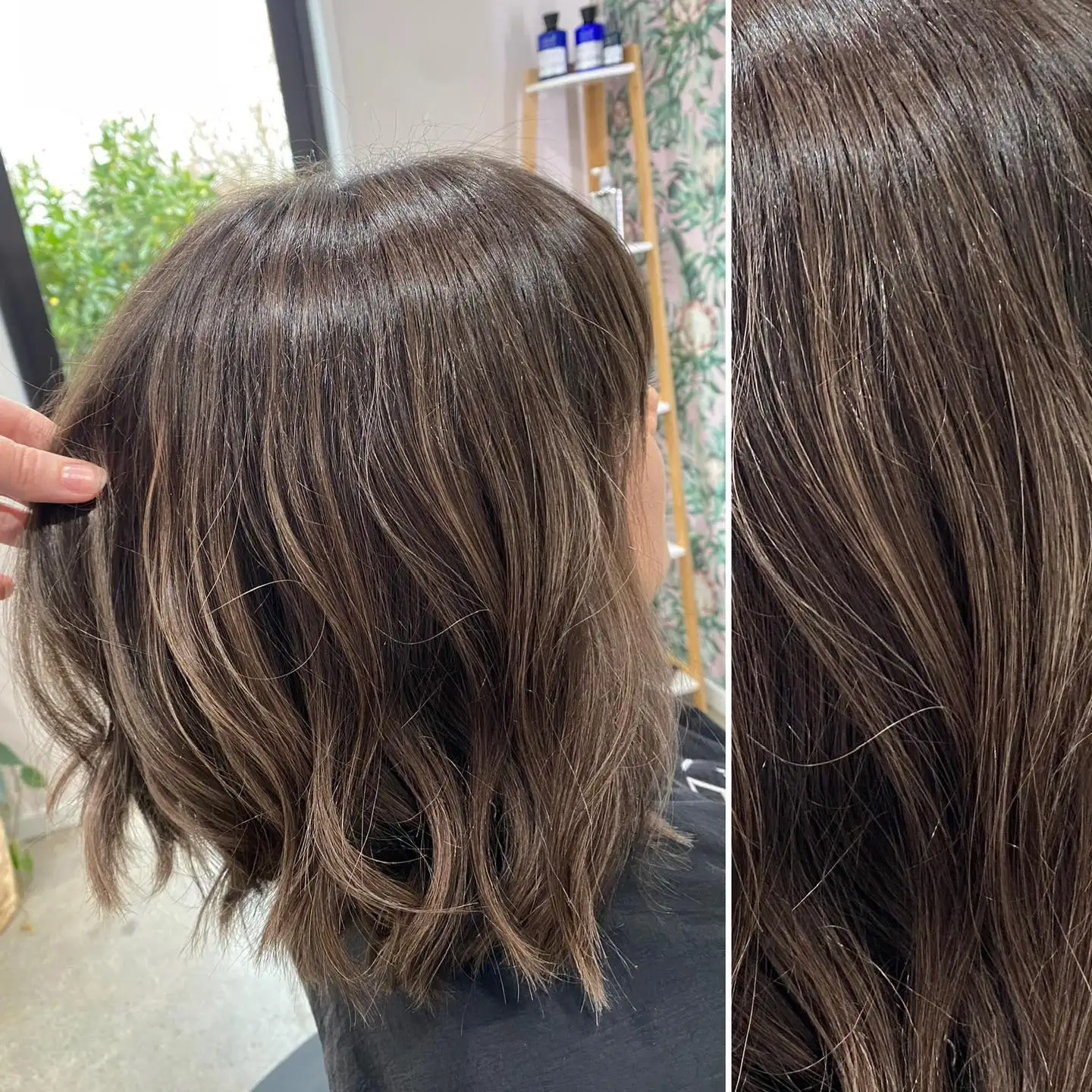 Before-and-after of a cool brunette lob with subtle balayage