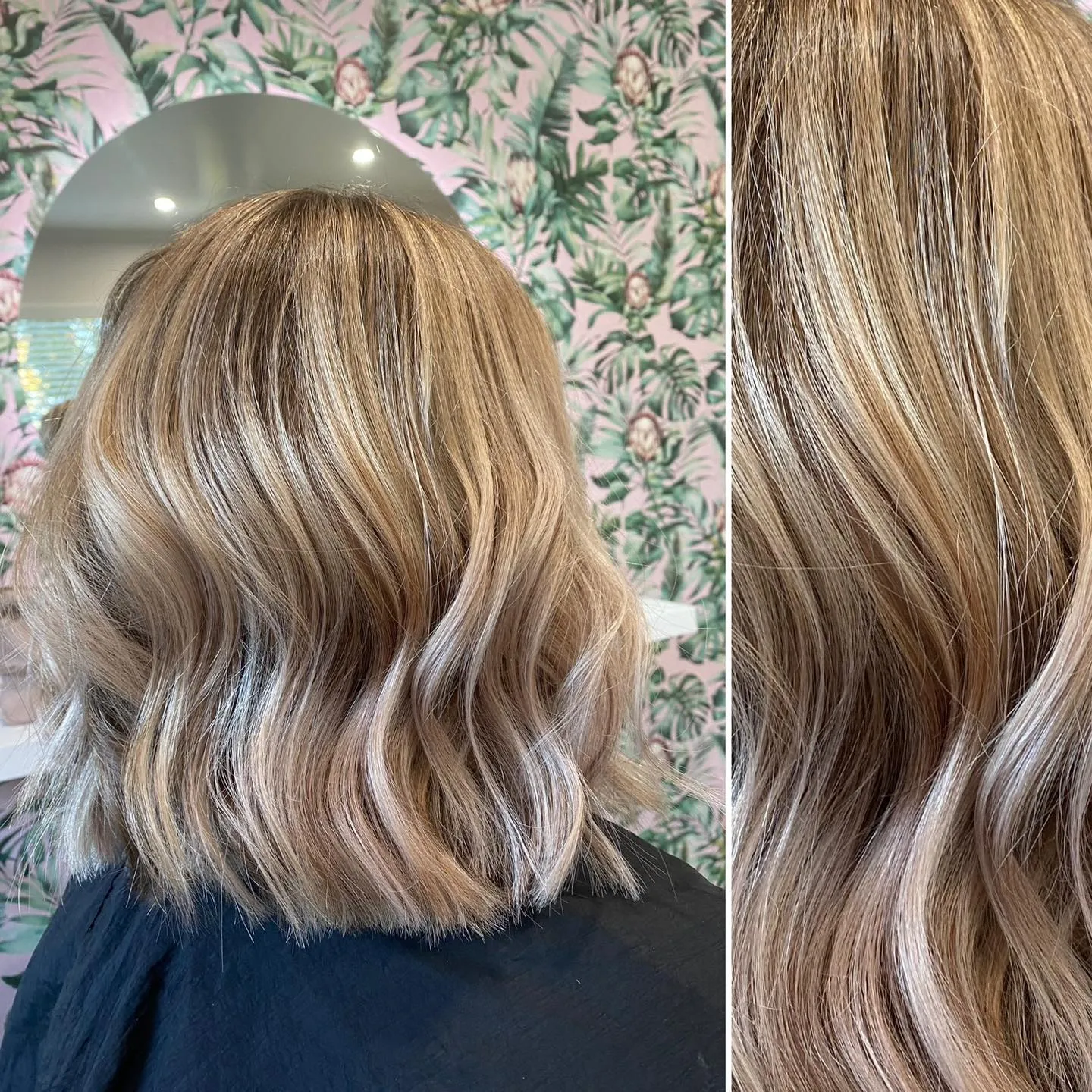 Before-and-after of creamy blonde lived-in balayage on a shoulder-length lob
