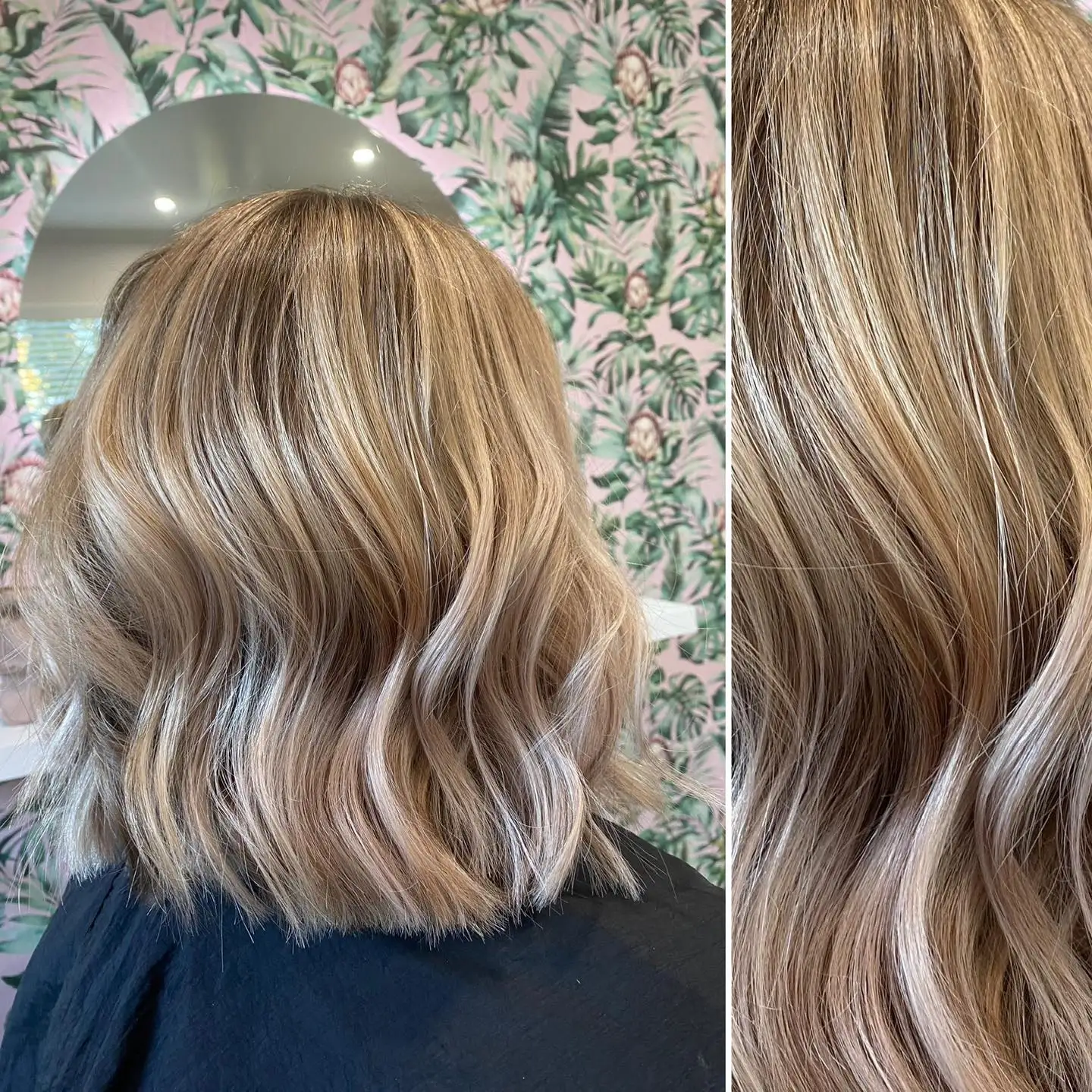 Before-and-after of creamy blonde lived-in balayage on a shoulder-length lob