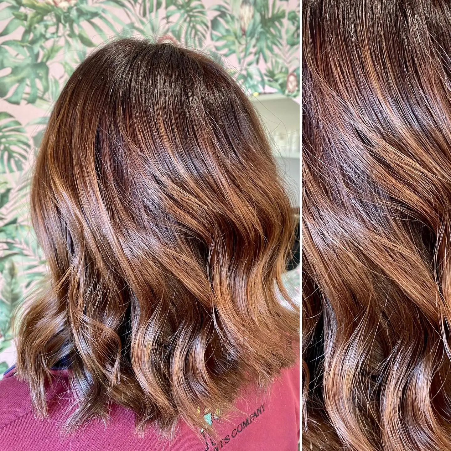 Before-and-after of glossy warm brunette balayage with copper ends
