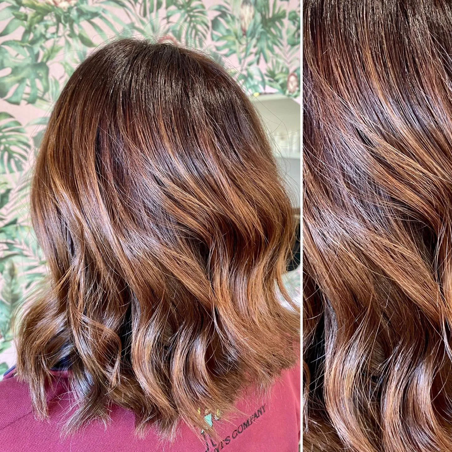 Before-and-after of glossy warm brunette balayage with copper ends