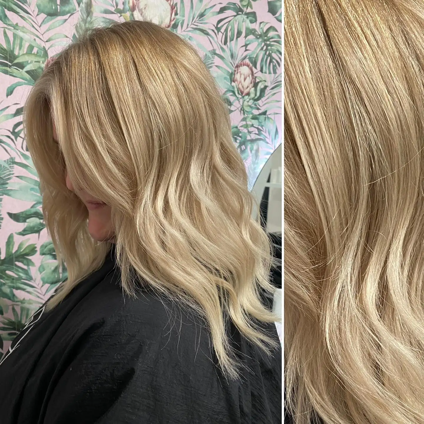 Before-and-after of golden blonde balayage on long beachy waves