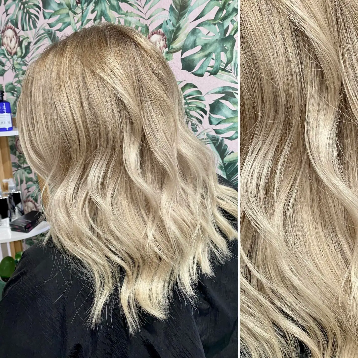 Before-and-after of icy blonde balayage with platinum waves