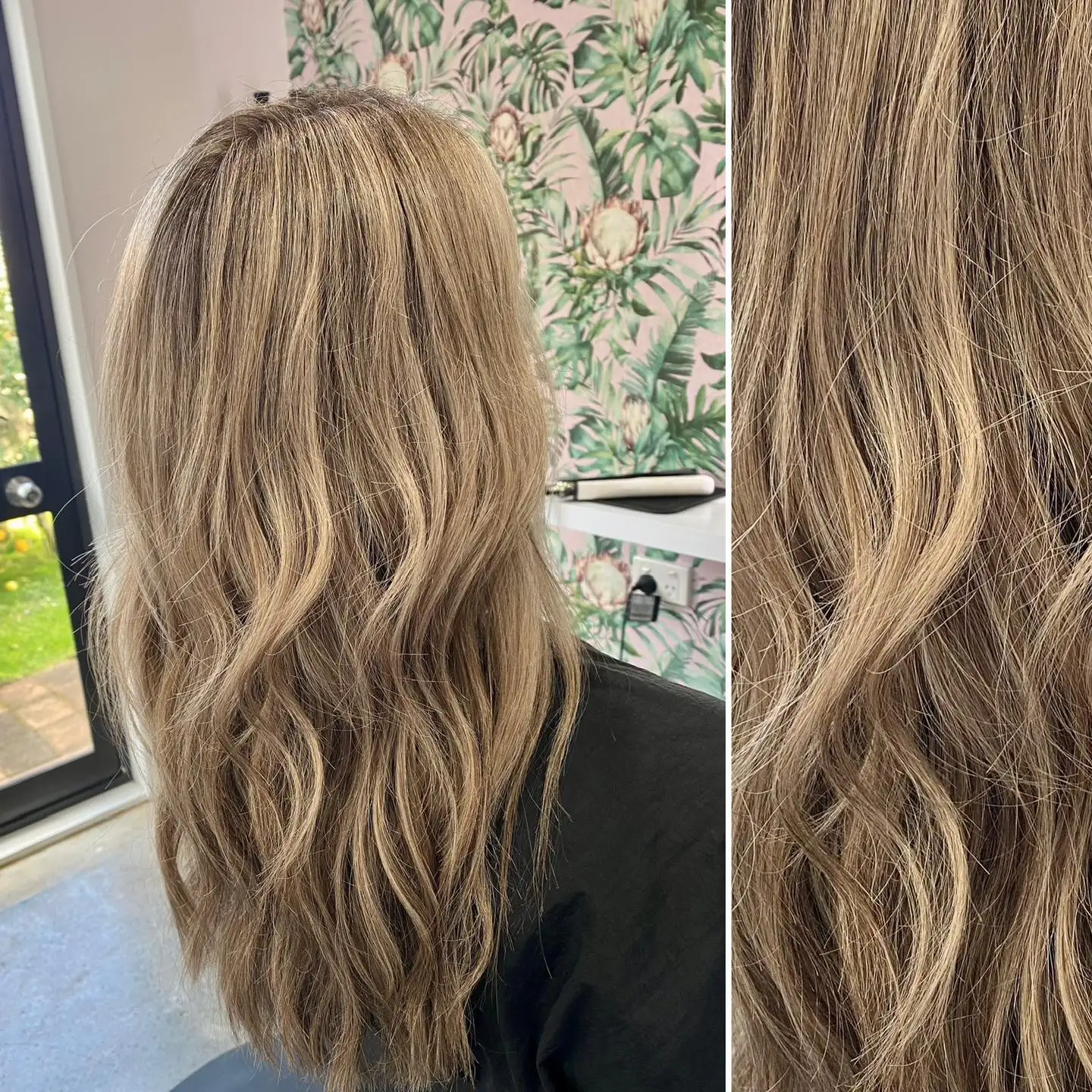 Before-and-after of long lived-in blonde balayage with relaxed waves